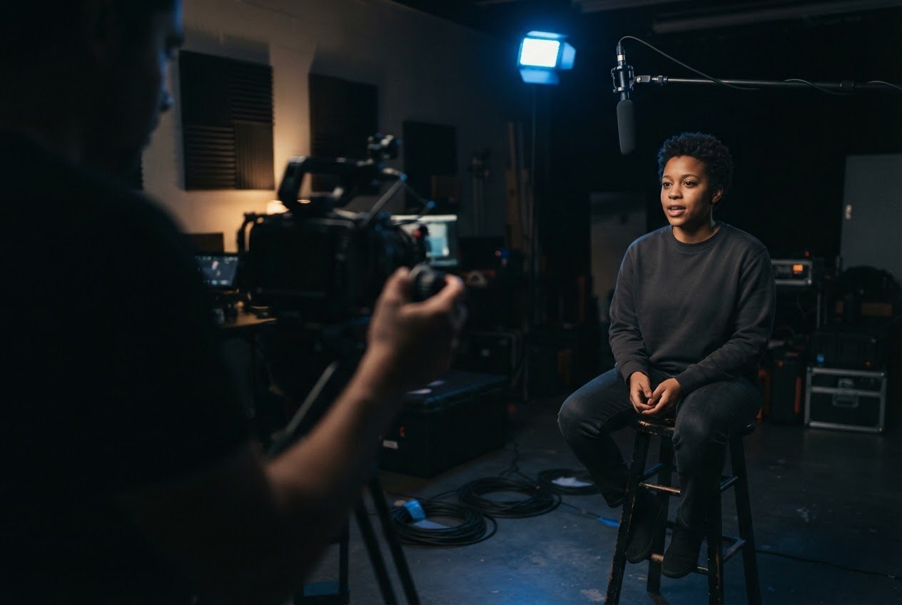 A shoot in progress in a small Atlanta studio at night: a creator seated on a stool under a blue-gelled key light delivering