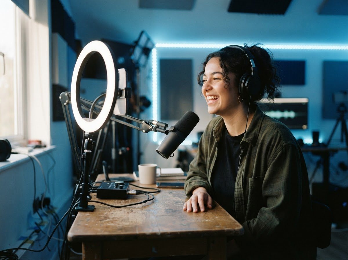 A blue-lit creator space mid-session: a ring light on a stand with a phone clamped to it, a mic on a short boom, headphones