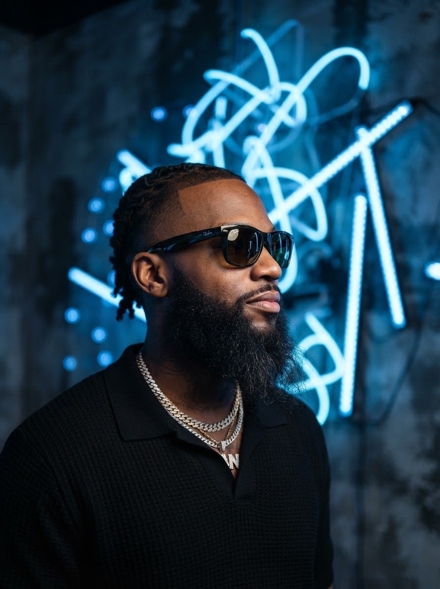 The same man from the client's own neon-wall frame, kept exactly — same face, black knit polo, layered chains, same