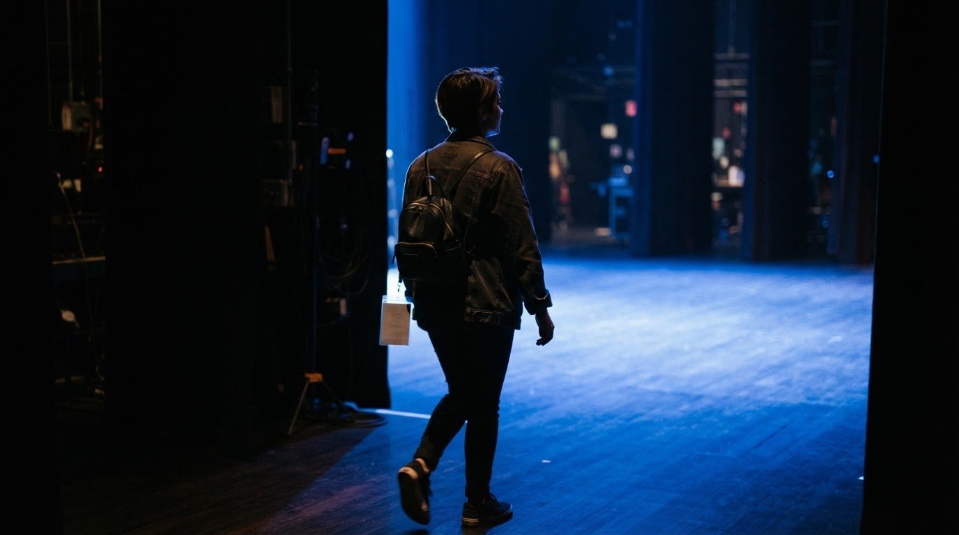 A creator stepping out from the wings toward blue stage wash, silhouette rimmed in light, a lanyard credential visible