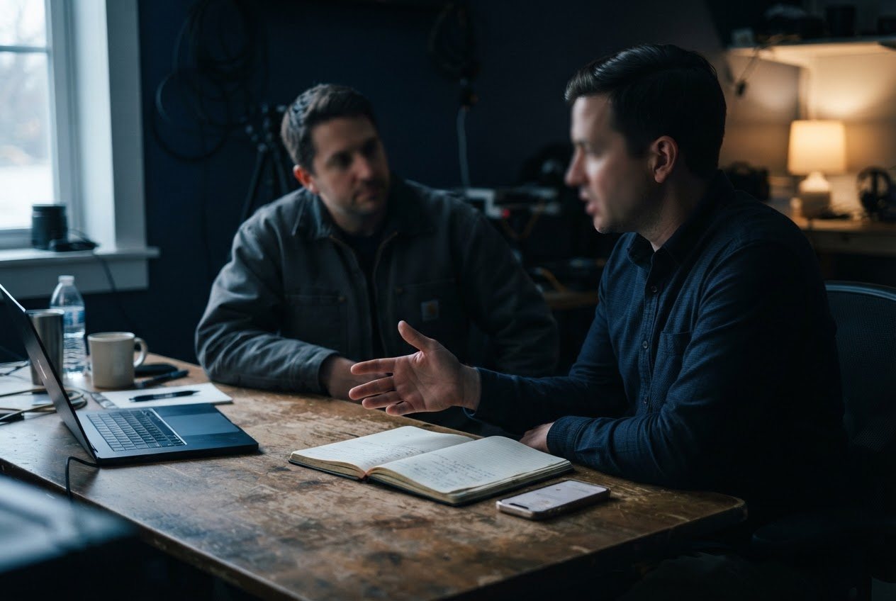 A coaching session mid-conversation in a low-lit room: two people at a small table, one leaning in mid-sentence with a hand