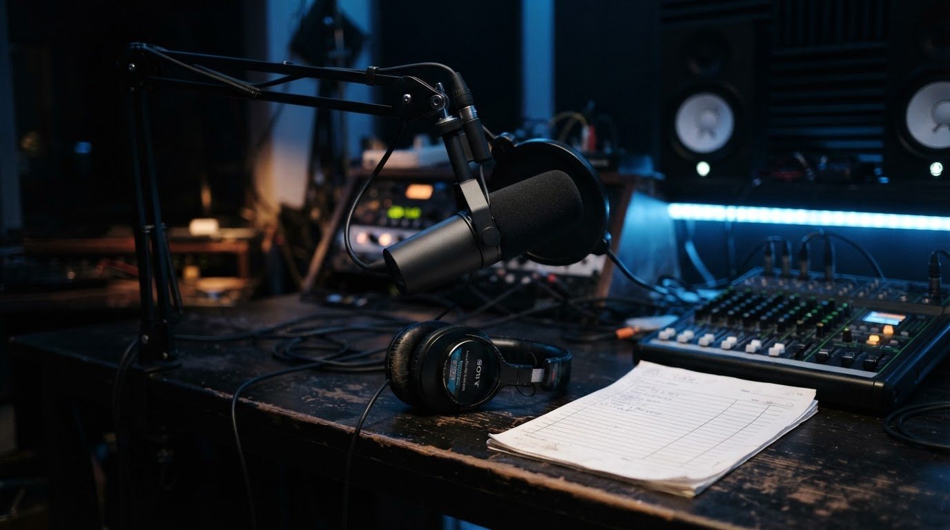 A studio session detail in blue light: a large-diaphragm mic on a boom arm, pop filter, headphones resting on the desk beside